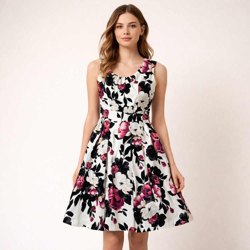 White House Black Market‎ Pink and Black Floral Pleated Midi Dress w/Pockets 10